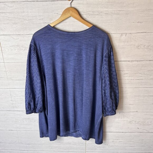 Catherines Top Womens Size 4XL Blue Eyelet Balloon Sleeve V Neck Blouse Peasant - Picture 10 of 13